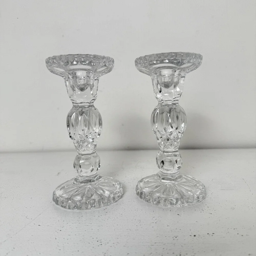Candlestick Holders Clear Crystal Glass Set of 2‎ Elegant Faceted Design